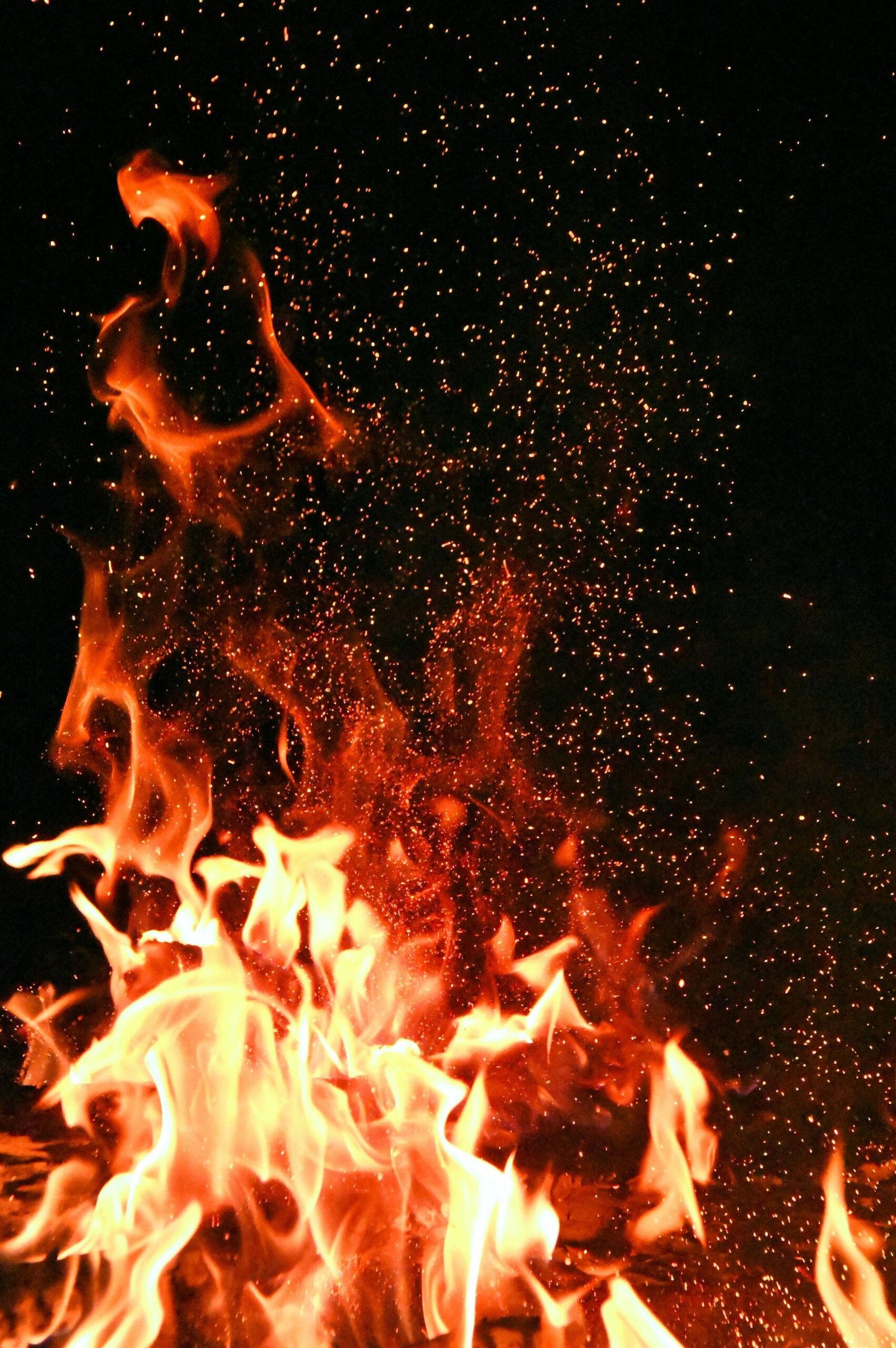 Vivid orange flames and sparks dance against a mysterious black backdrop.